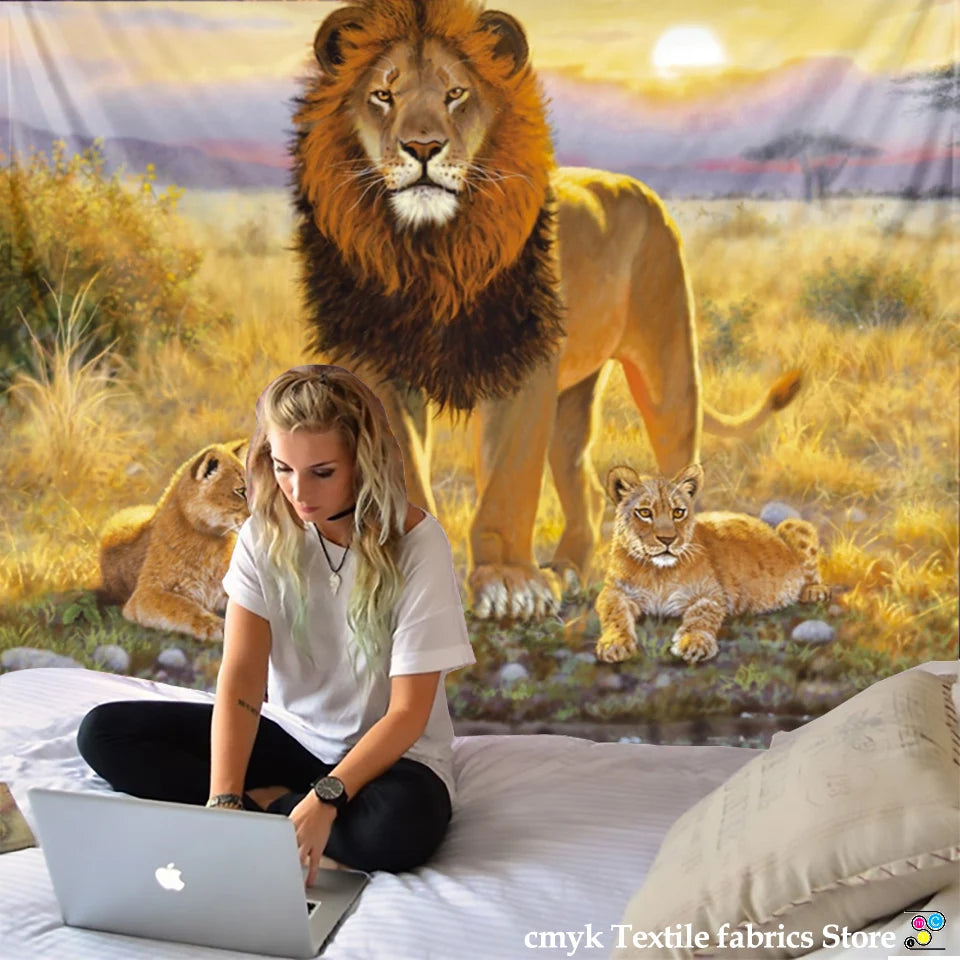 lion tapestry African grassland animals Cartoonwall hanging beach towel thin polyester blanket yoga