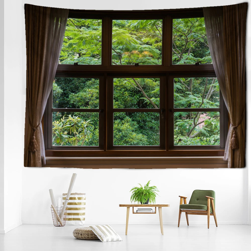 Imitation Window Jungle Scenery Tapestry Wall Hanging Natural Bohemian Minimalist Art Aesthetics Room Home Decor