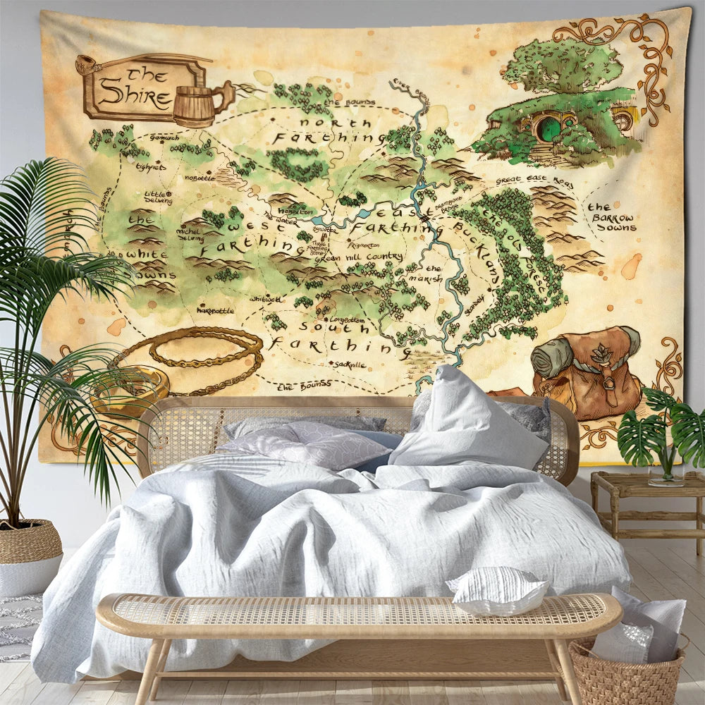 Retro Mountain Forest Map Tapestry Wall Hanging